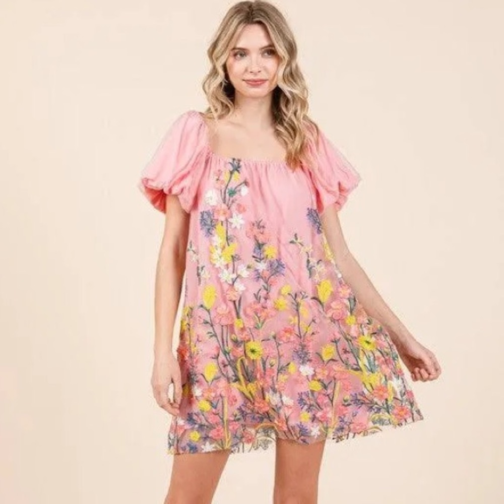 NWT GeeGee Floral Pink Puff Sleeve Dress - Picture 4 of 9